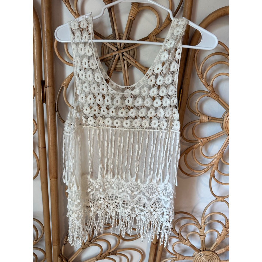 Womens White Crochet Fringe‎ Boho Sleeveless Tank Top Festival Beachwear Coverup